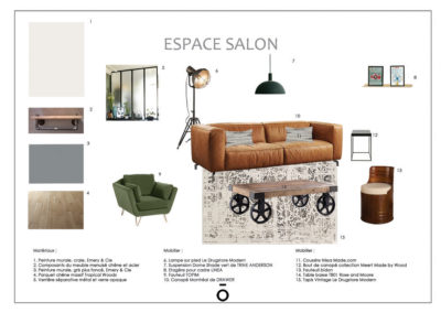 planche carnet de détail salon , projet PIED A TERRE LYONNAIS, style décoratif industriel, mobilier vintage, bois et métal, canapé en cuir, fauteuil en velours vert suspension métal vert, parquet