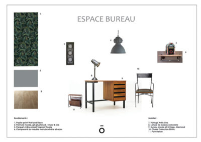 planche carnet de détail bureau, projet PIED A TERRE LYONNAIS, style décoratif industriel, mobilier vintage, bois et métal, suspension over size, papier peint jungle, parquet