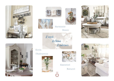 planche mood board, inspiration de mobilier, décoration d'intérieur style maison de famille , coton, lin, verre, couleurs claires et feutrées