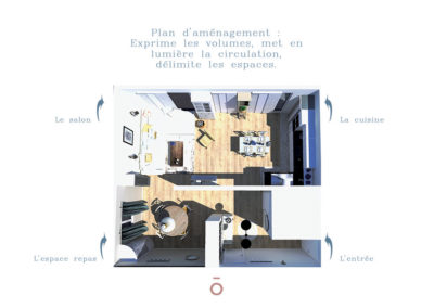 Vue 3D de dessus, plan colorisé, aménagement, pièce de vie, cuisine, entrée, projet COCON FAMILIAL décoration style maison de famille, ton sur ton ambiance cocon