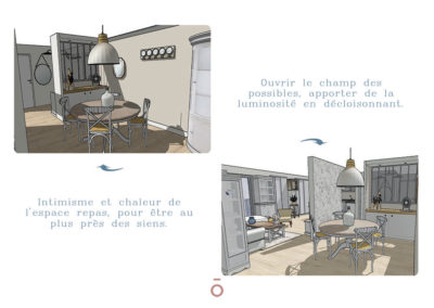 Vue 3D salle à manger, projet COCON FAMILIAL, style décoratif maison de famille, couleur beiges, gris, matériaux bois, coton zinc, papier peint, table et chaise, vaisselier, suspension over size métal blanc