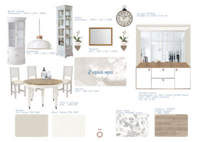 planche carnet de détails salle à manger, projet COCON FAMILIAL, style décoratif maison de famille, couleur beiges, gris, matériaux bois, coton zinc, papier peint, table et chaise, vaisselier