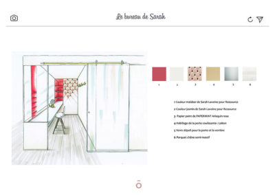 croquis du bureau avec descriptif matériaux, verrière d'atelier en verre, couleur malabar, tabouret de bar